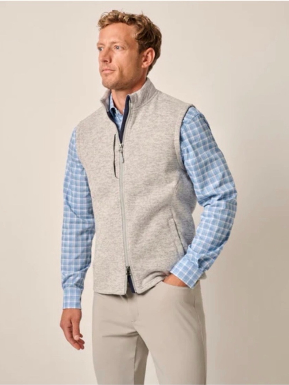 Johnnie-O Denalis Double Zip Fleece Vest, Gray, Men’s Large
